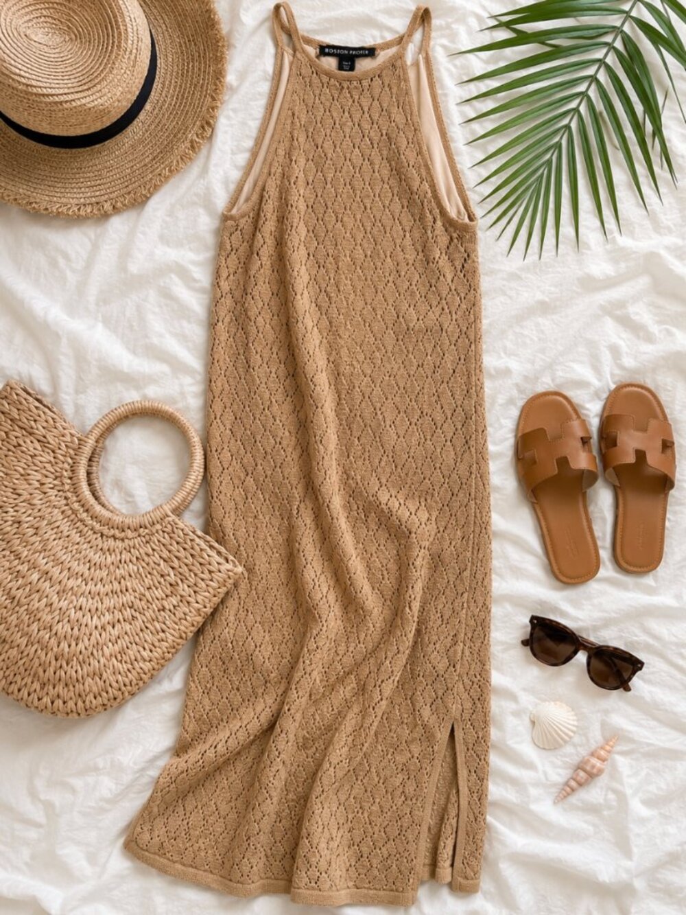 Boston Proper Crochet Knit Maxi Dress Tan Beige Size Small
